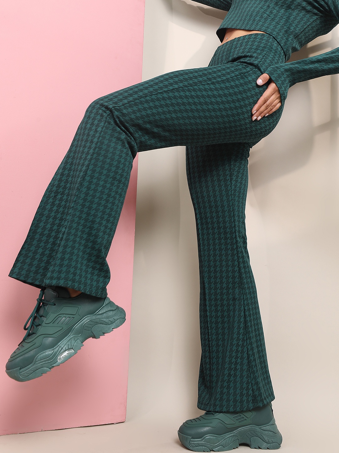 

Tokyo Talkies Women Jacquard Bootcut Trousers, Green