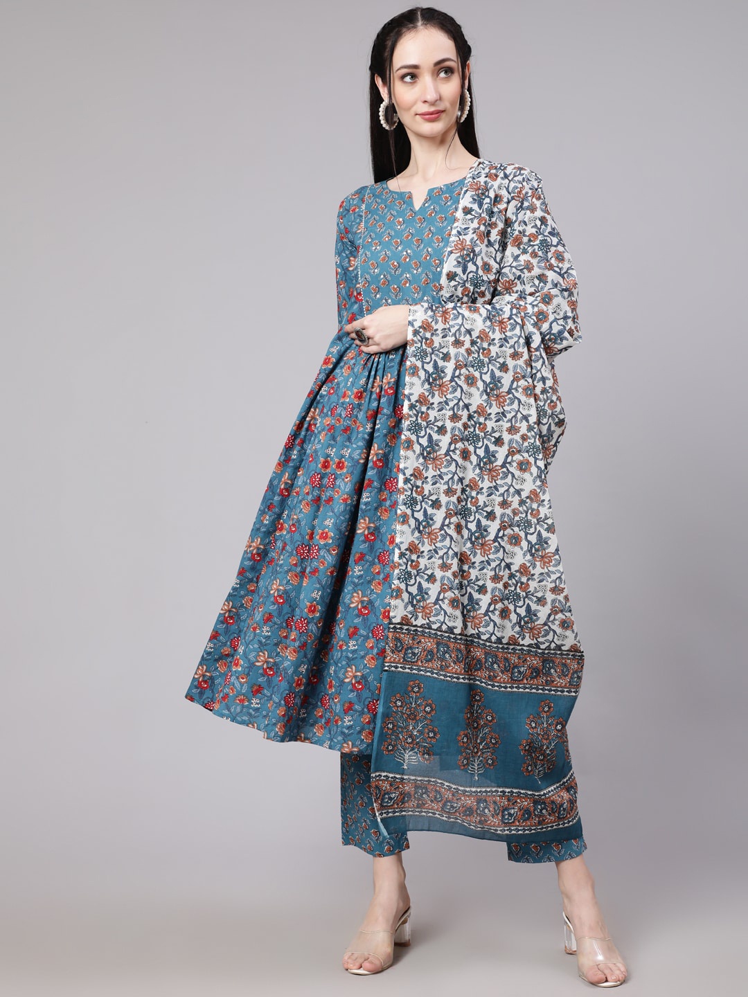 

THE NKS PLUS Floral Printed Empire Pure Cotton Kurta with Trousers & Dupatta, Blue