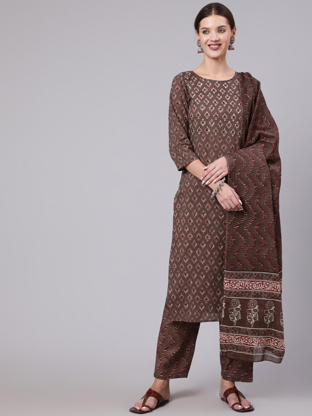 

THE NKS PLUS Ethnic Motifs Printed Pure Cotton Kurta with Trousers & Dupatta, Brown