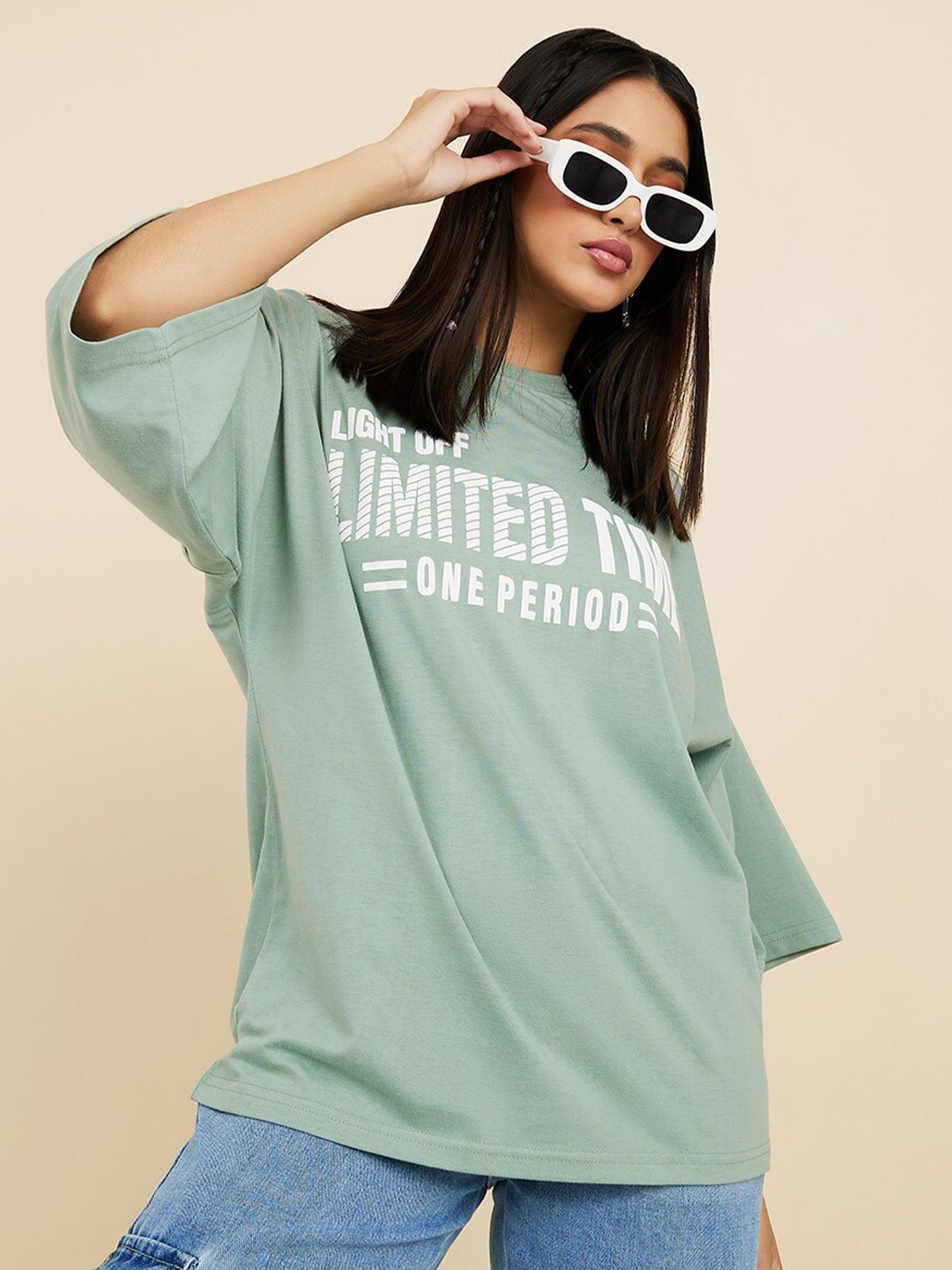 

Styli Women Printed Extended Sleeves Loose Cotton T-shirt, Teal