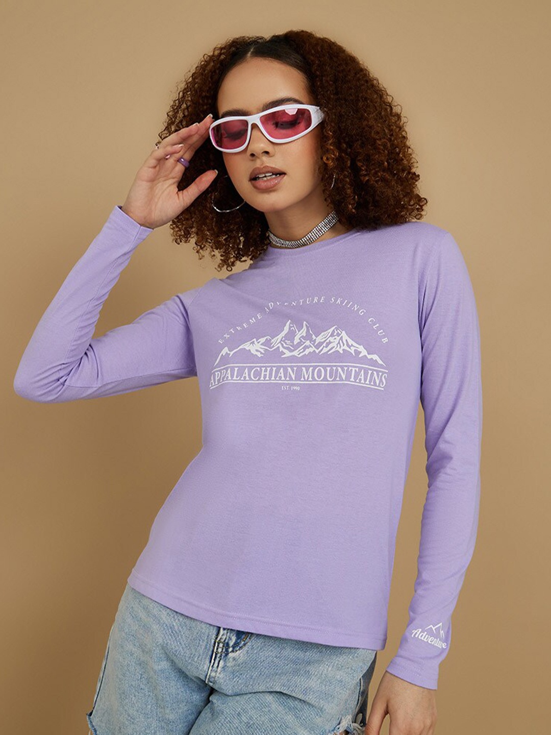

Styli Women Printed Round Neck Cotton T-shirt, Purple