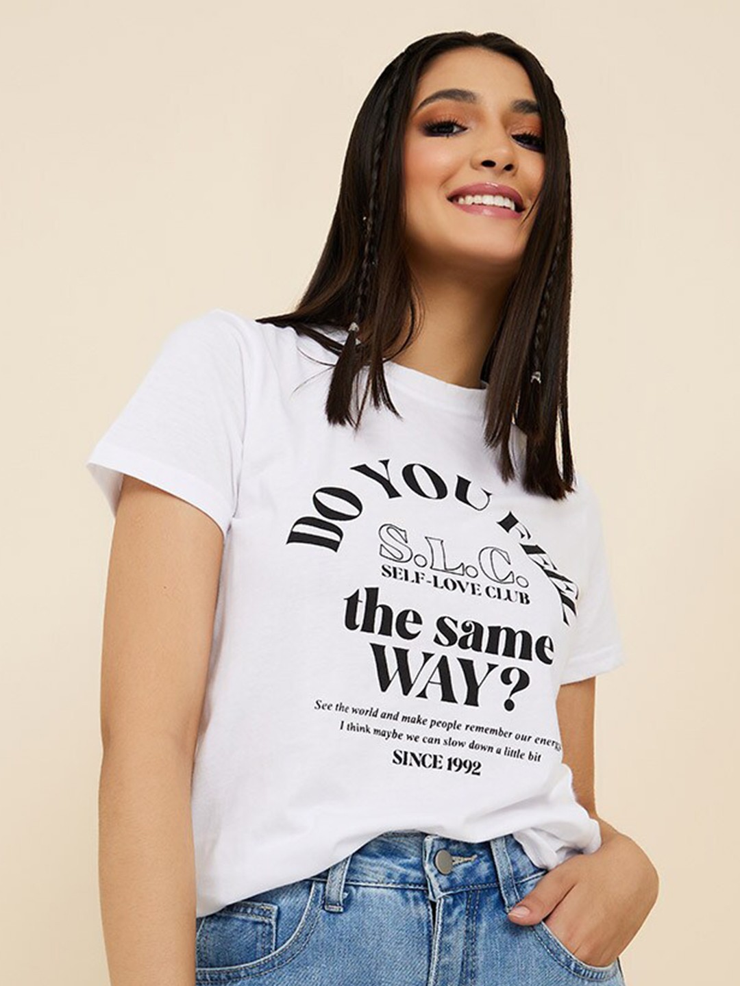 

Styli Women Printed Round Neck Cotton T-shirt, White