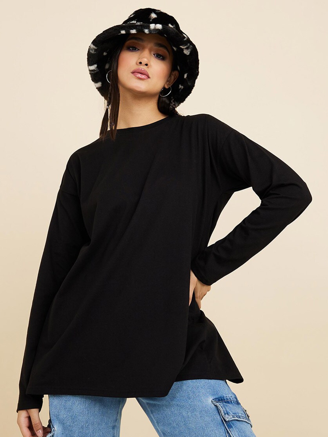 

Styli Women Drop-Shoulder Sleeves Loose T-shirt, Black