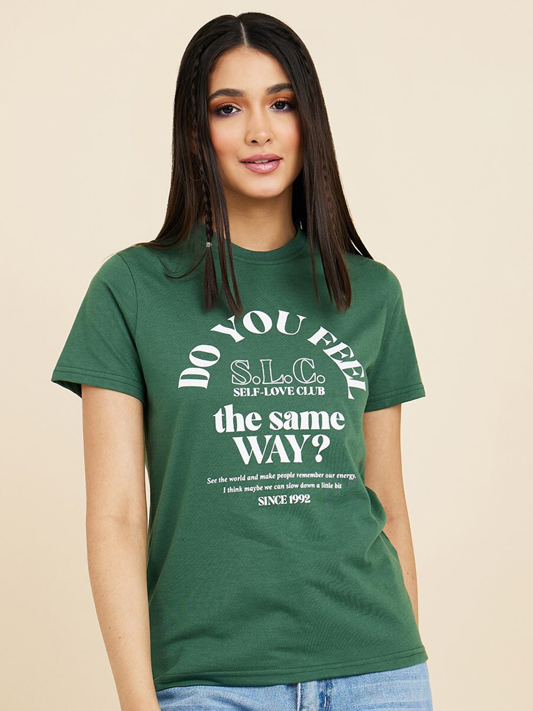 

Styli Women Printed Cotton T-shirt, Green