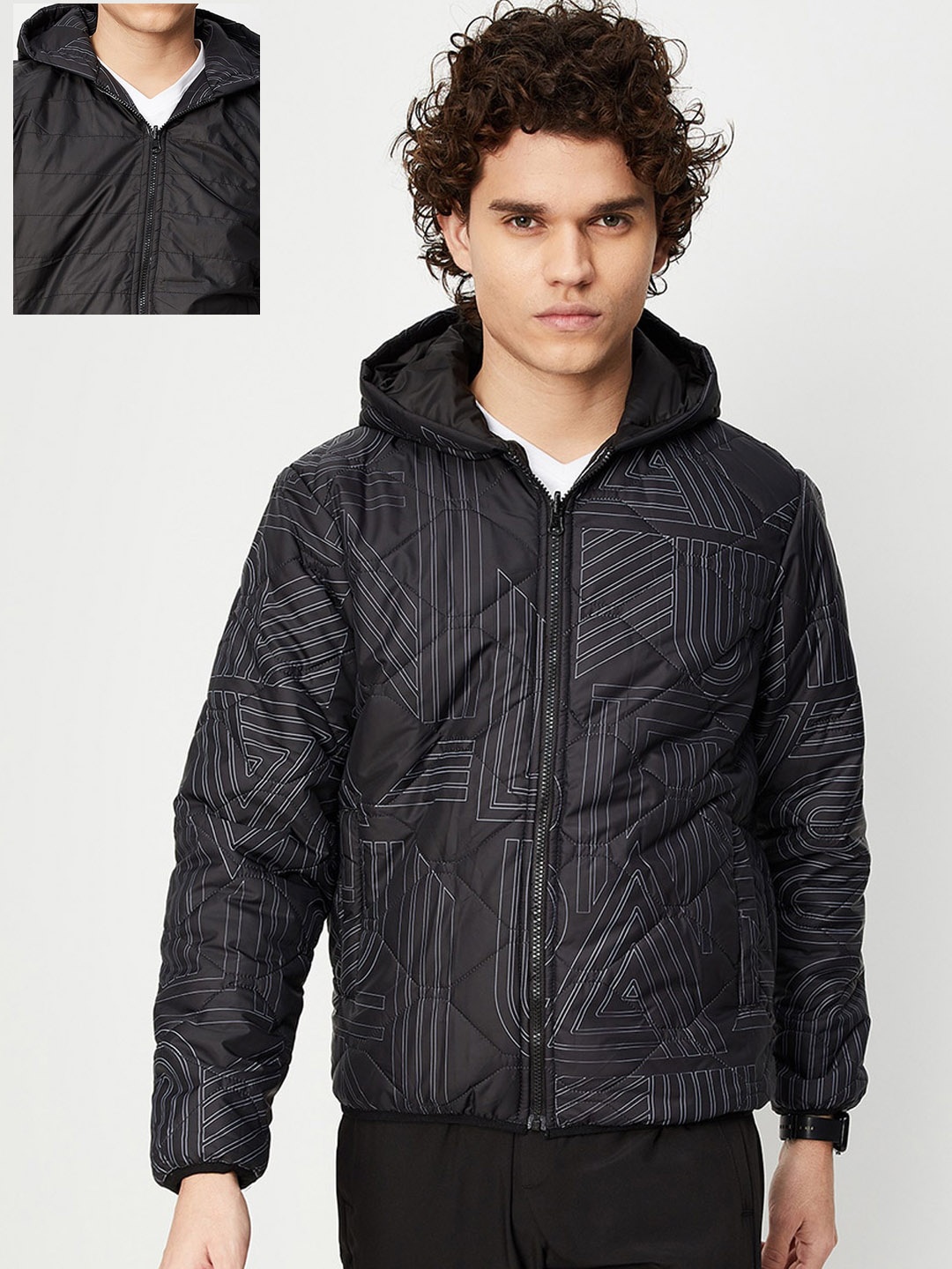 

max Men Printed Hooded Reversible Jacket, Black