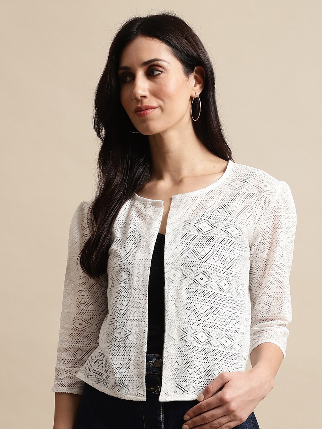 

UnaOne Women Cotton Self Design Shrug, Off white