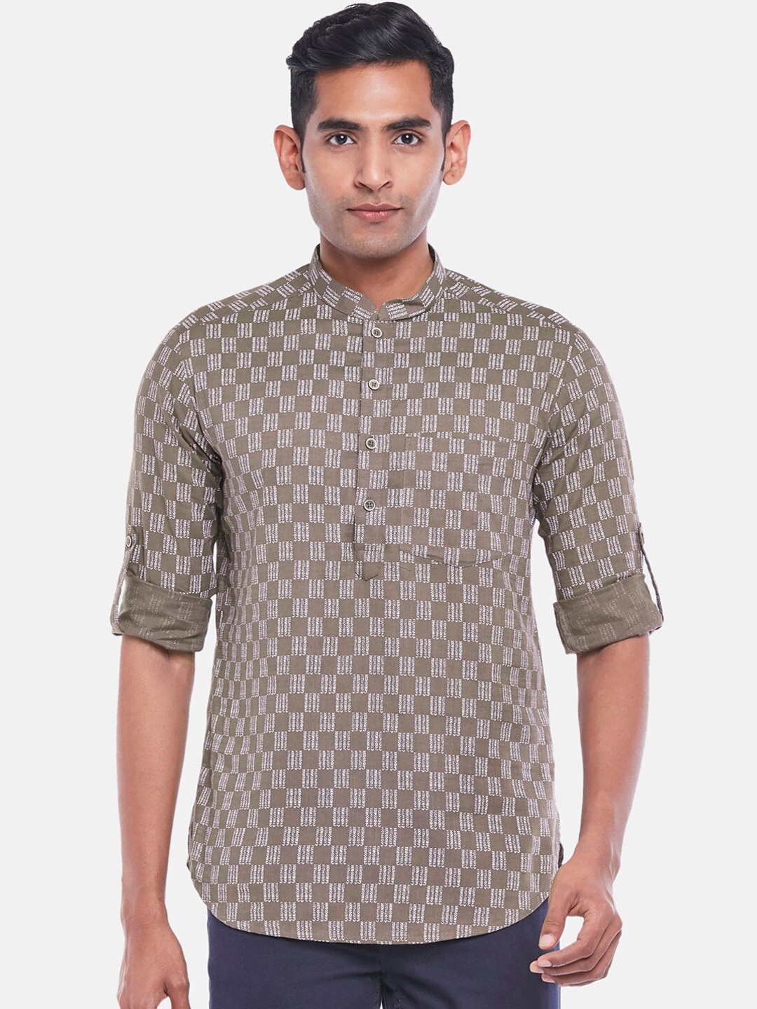 

indus route by Pantaloons Men Checked Cotton Kurta, Charcoal