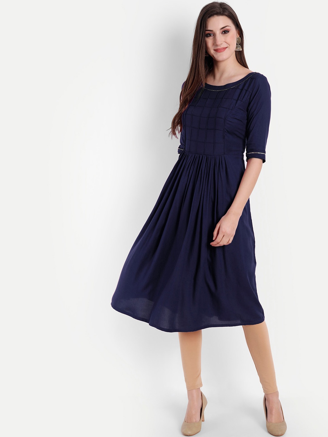 

Globon Impex Gotta Patti A- Line Pleated Kurta, Navy blue