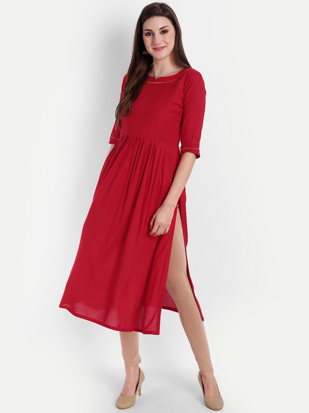 

Globon Impex Women Notch Neck Asymmetric Kurta, Red