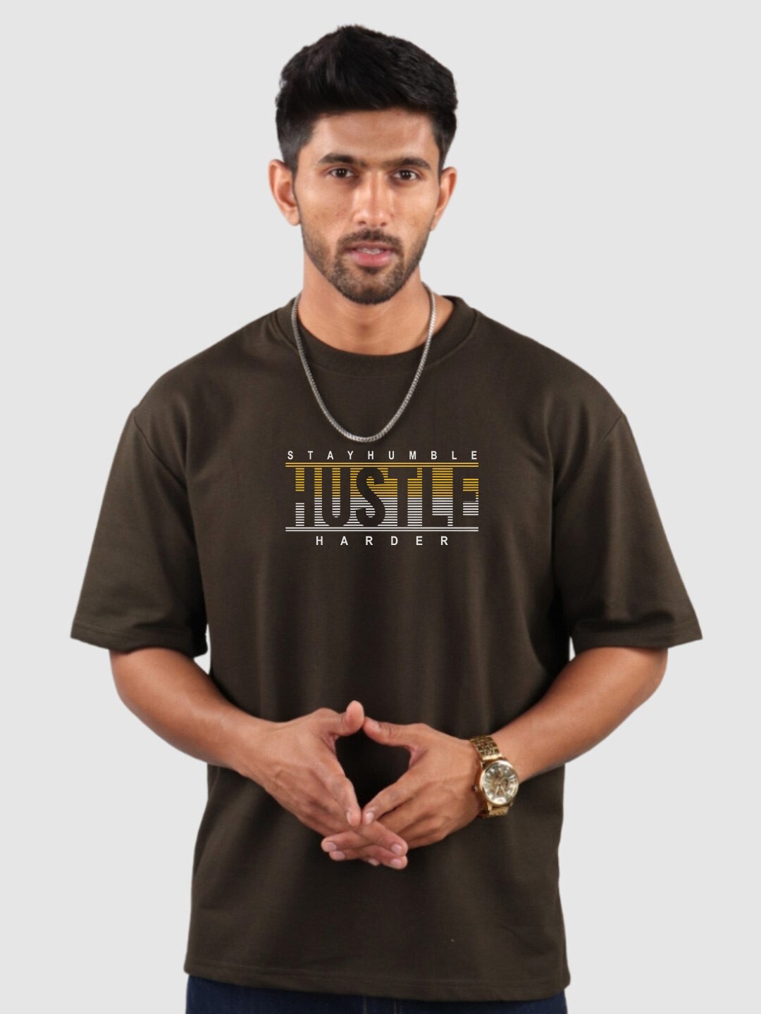 

The Label Bar Men Typography Printed Drop-Shoulder Sleeves Cotton T-shirt, Brown