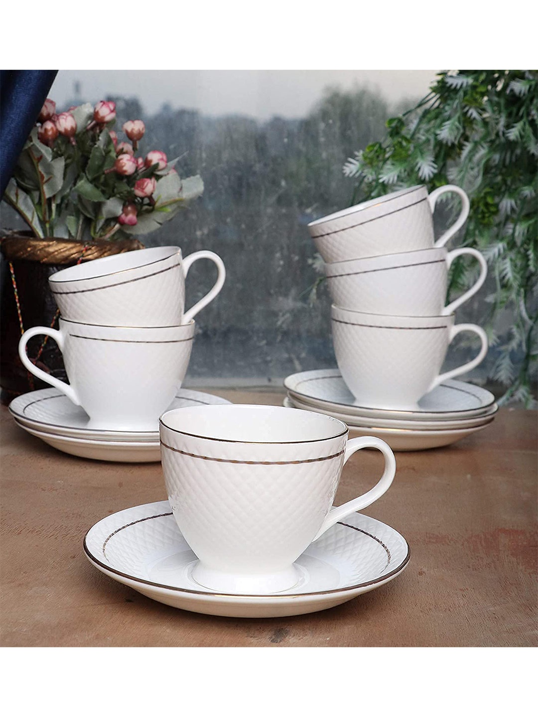 

SkyKey White Textured Bone China 12 Piece Cups and Saucers 180 ml Each