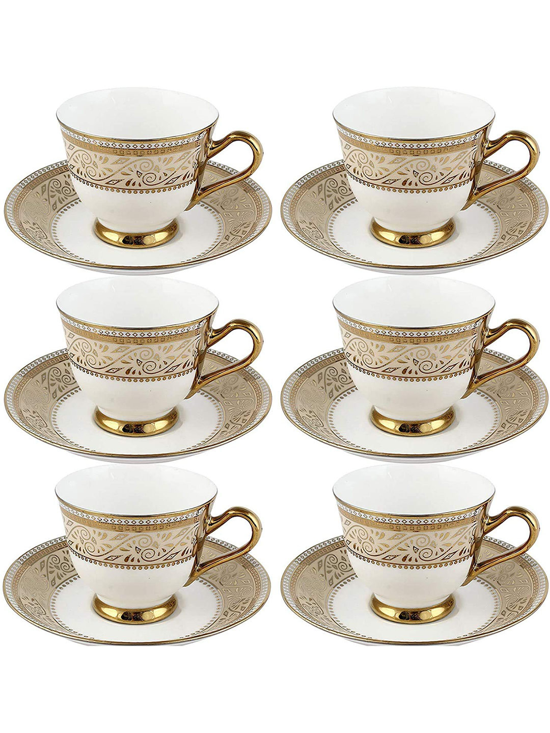 

SkyKey White & Gold-Toned Printed Bone China 6 Pcs Cups and 6 Pcs Saucers 150 ml Each
