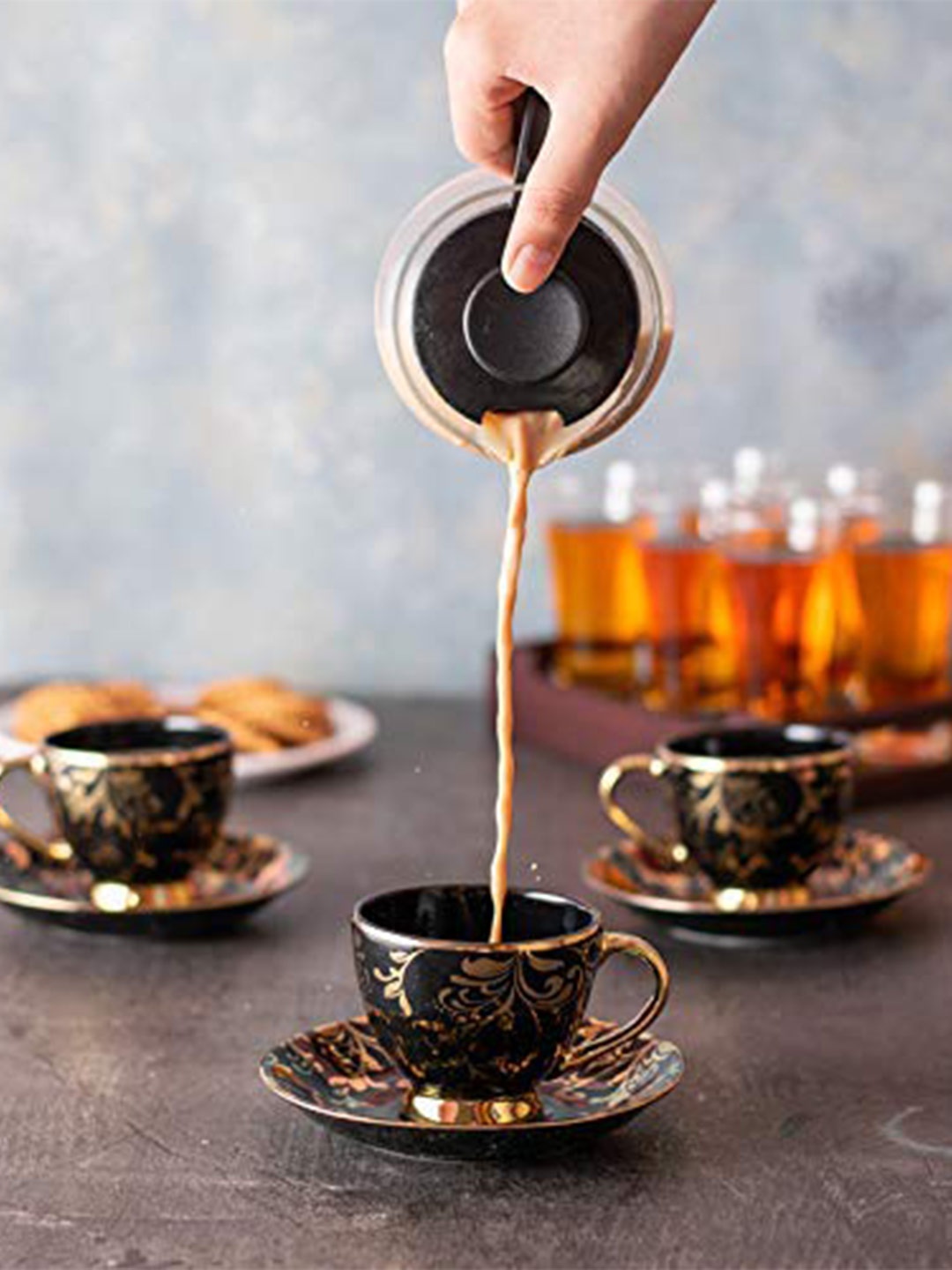 

SkyKey Black Printed Bone China 12 Pcs Cups and Saucers 180 ml Each