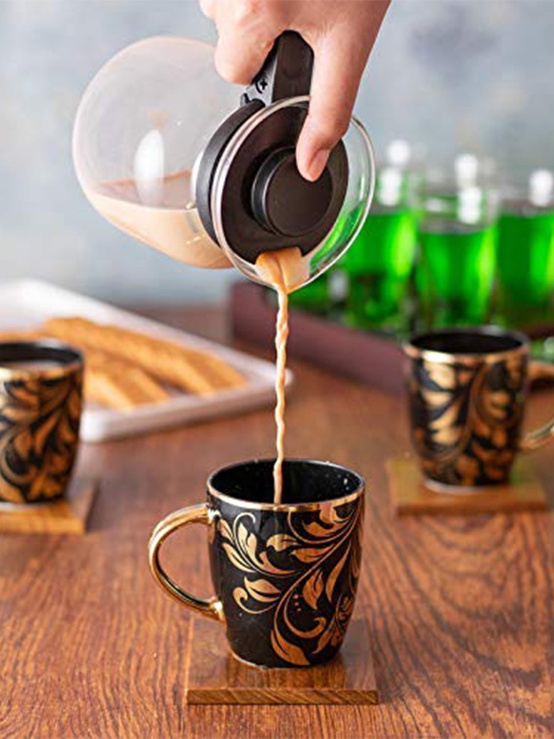 

SkyKey Black & Gold-Toned Set of 6 Printed Bone China Glossy Cups 180 ml Each