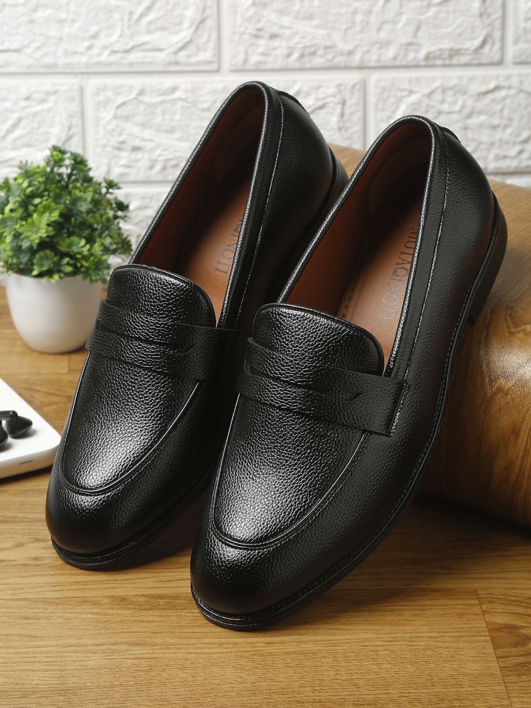 

MUTAQINOTI Men Leather Formal Loafers, Black