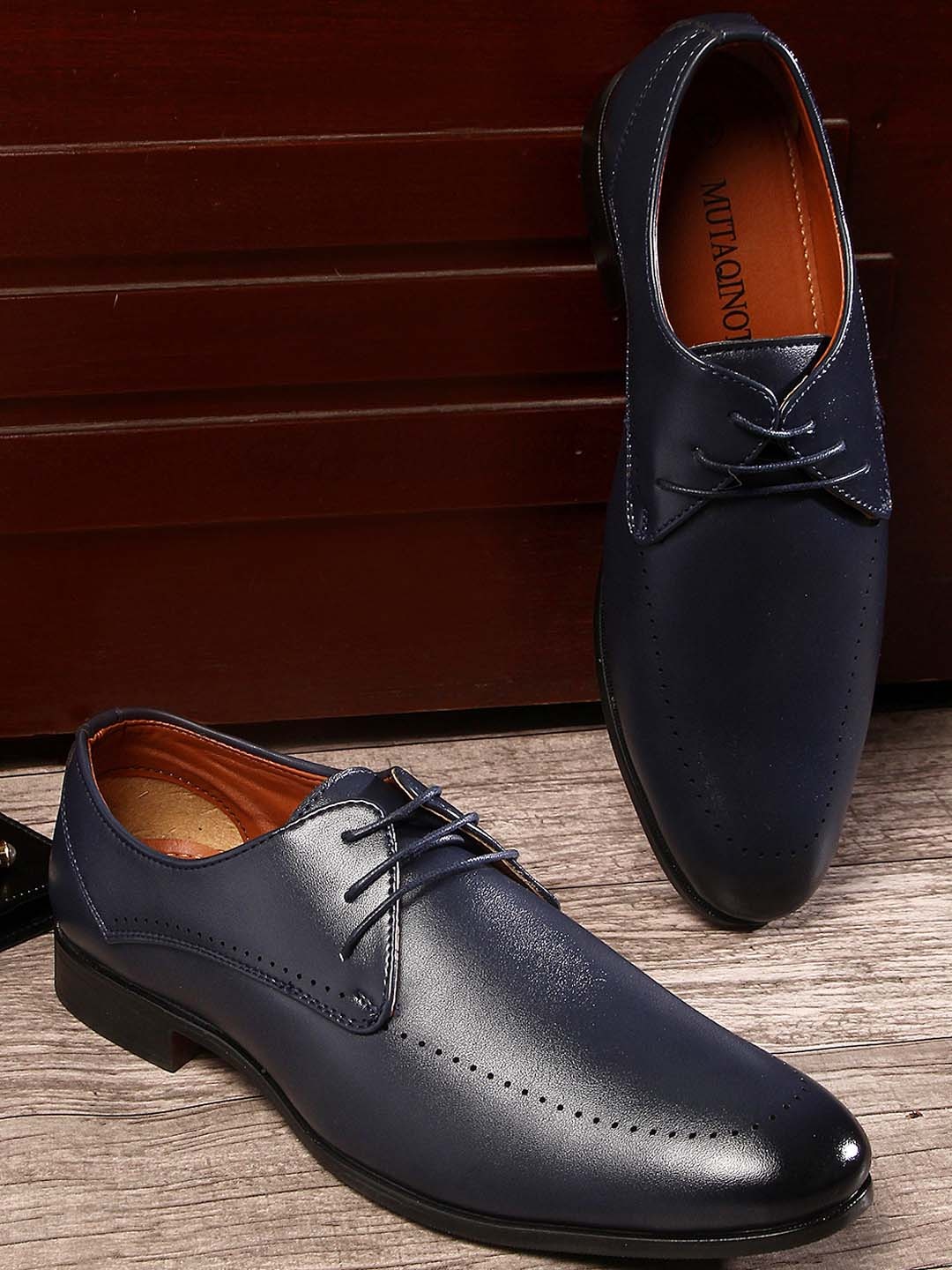 

MUTAQINOTI Men Round Toe Leather Formal Derbys, Blue