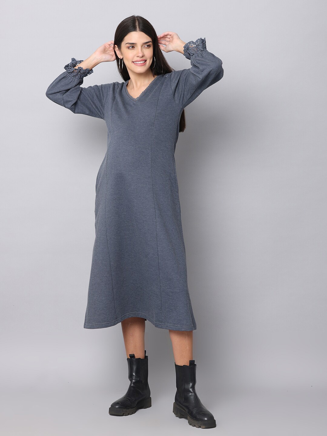

The Mom Store Women Fleece Maternity A-Line Midi Dress, Grey