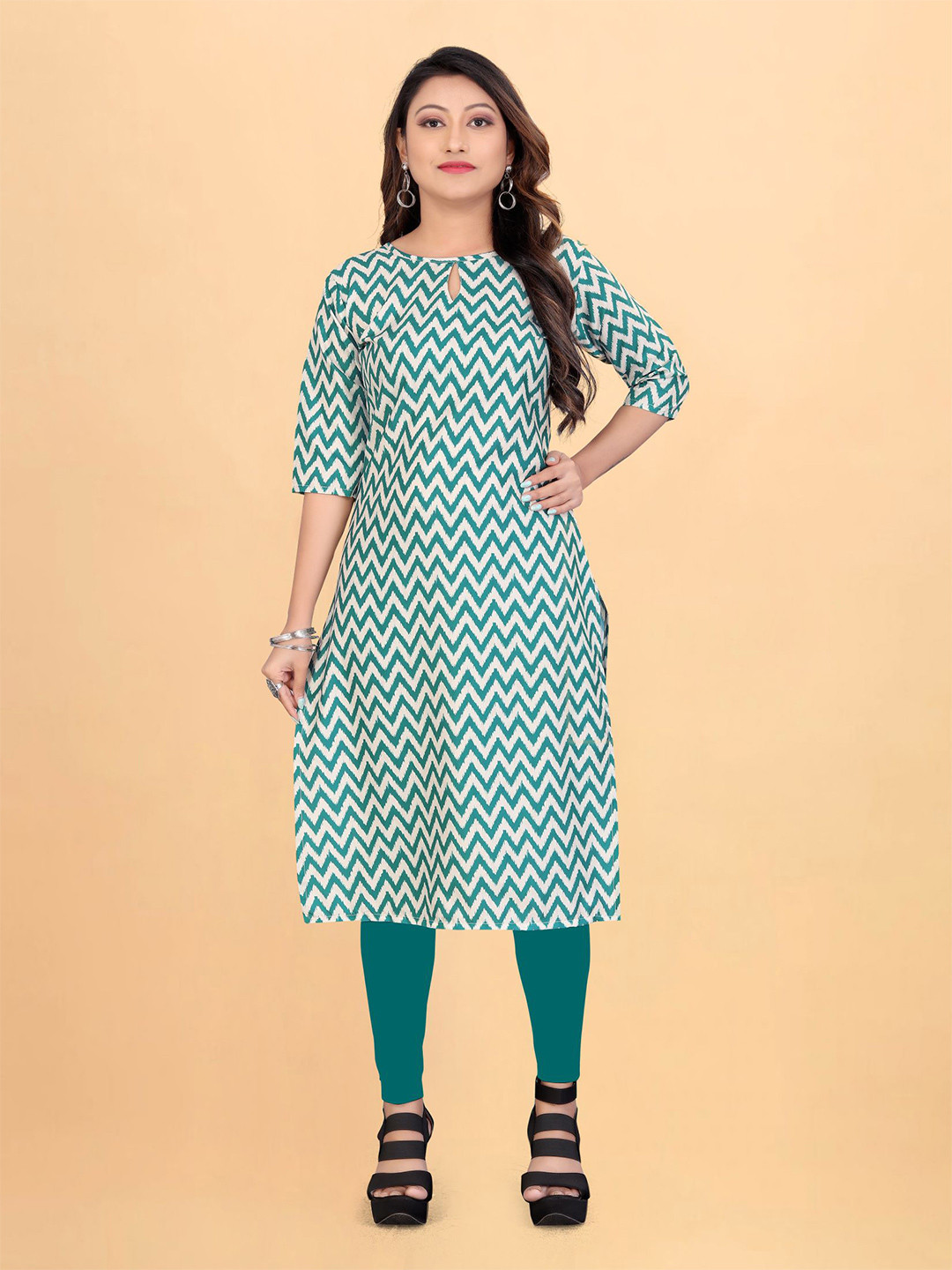 

Rangrasiya Corporation Chevron Printed Cotton Silk Kurti, Teal