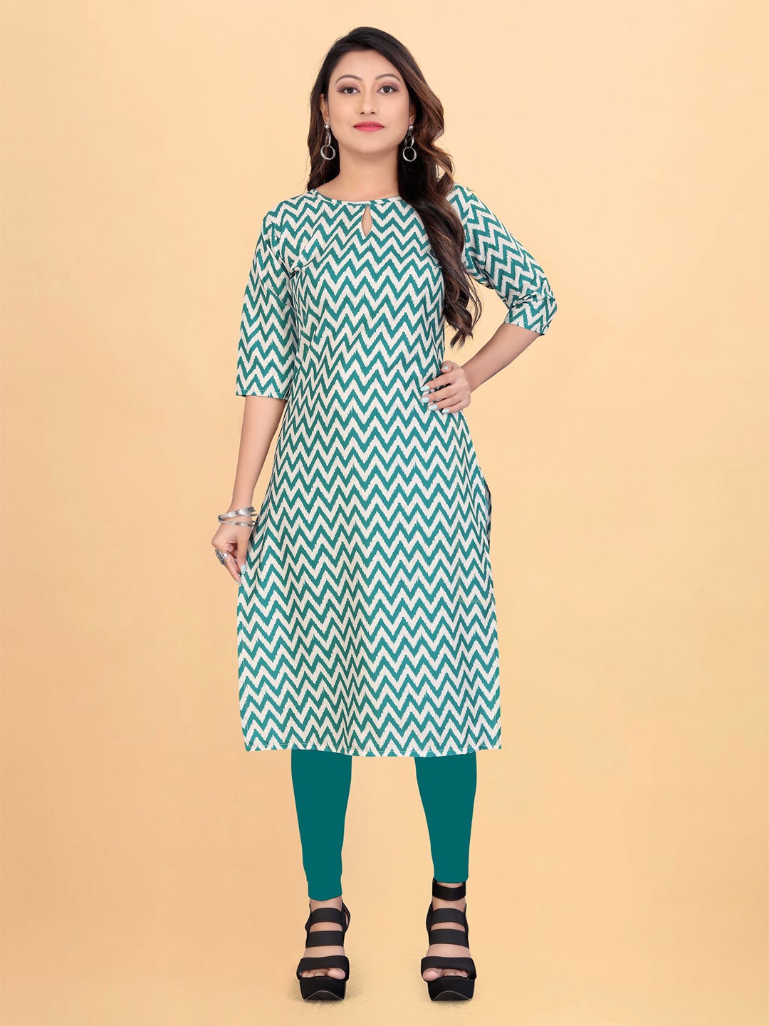 

Rangrasiya Corporation Chevron Printed Cotton Silk Kurti, Teal