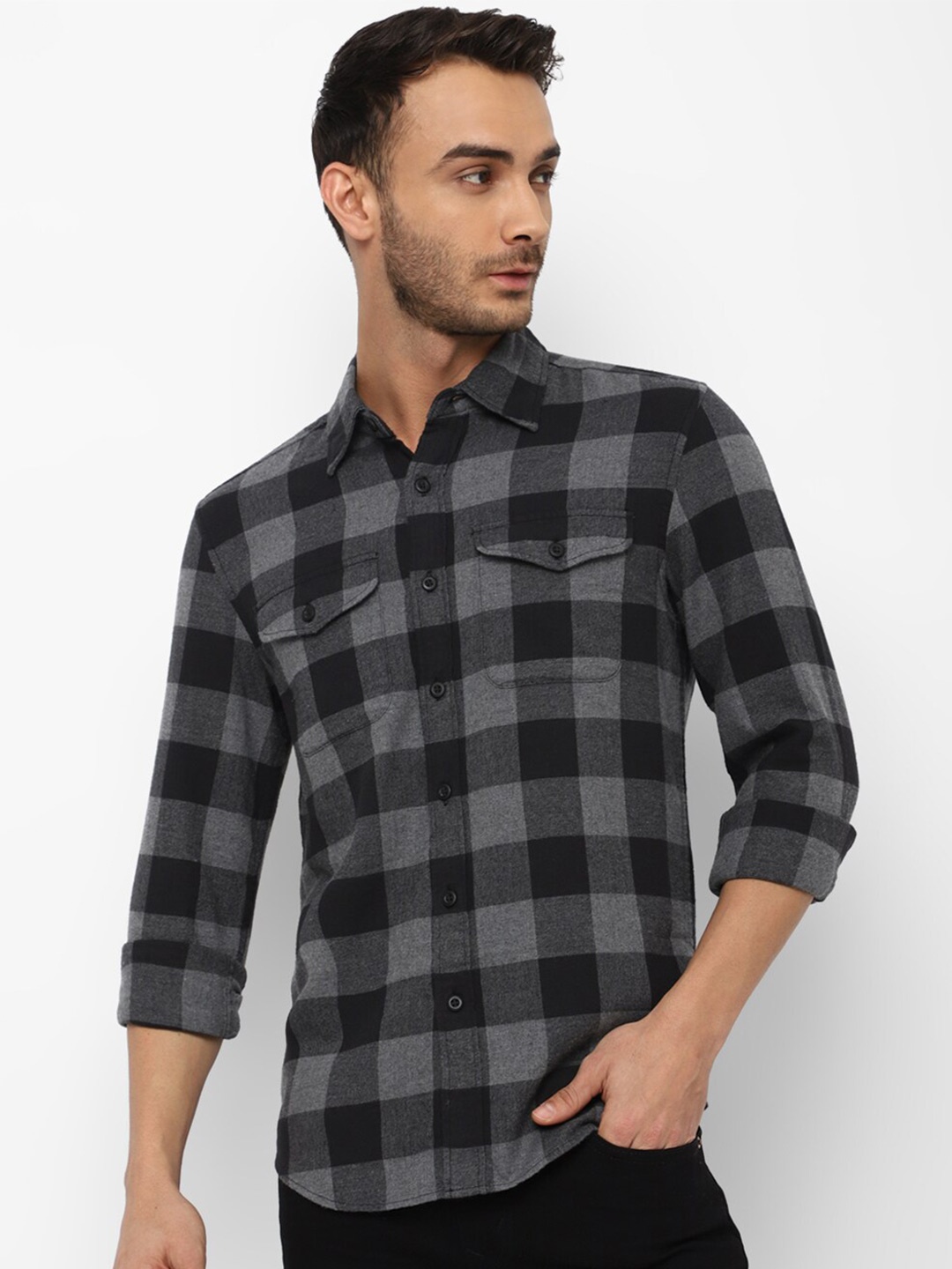 

AMERICAN EAGLE OUTFITTERS Men Buffalo Checks Checked Pure Cotton Casual Shirt, Grey