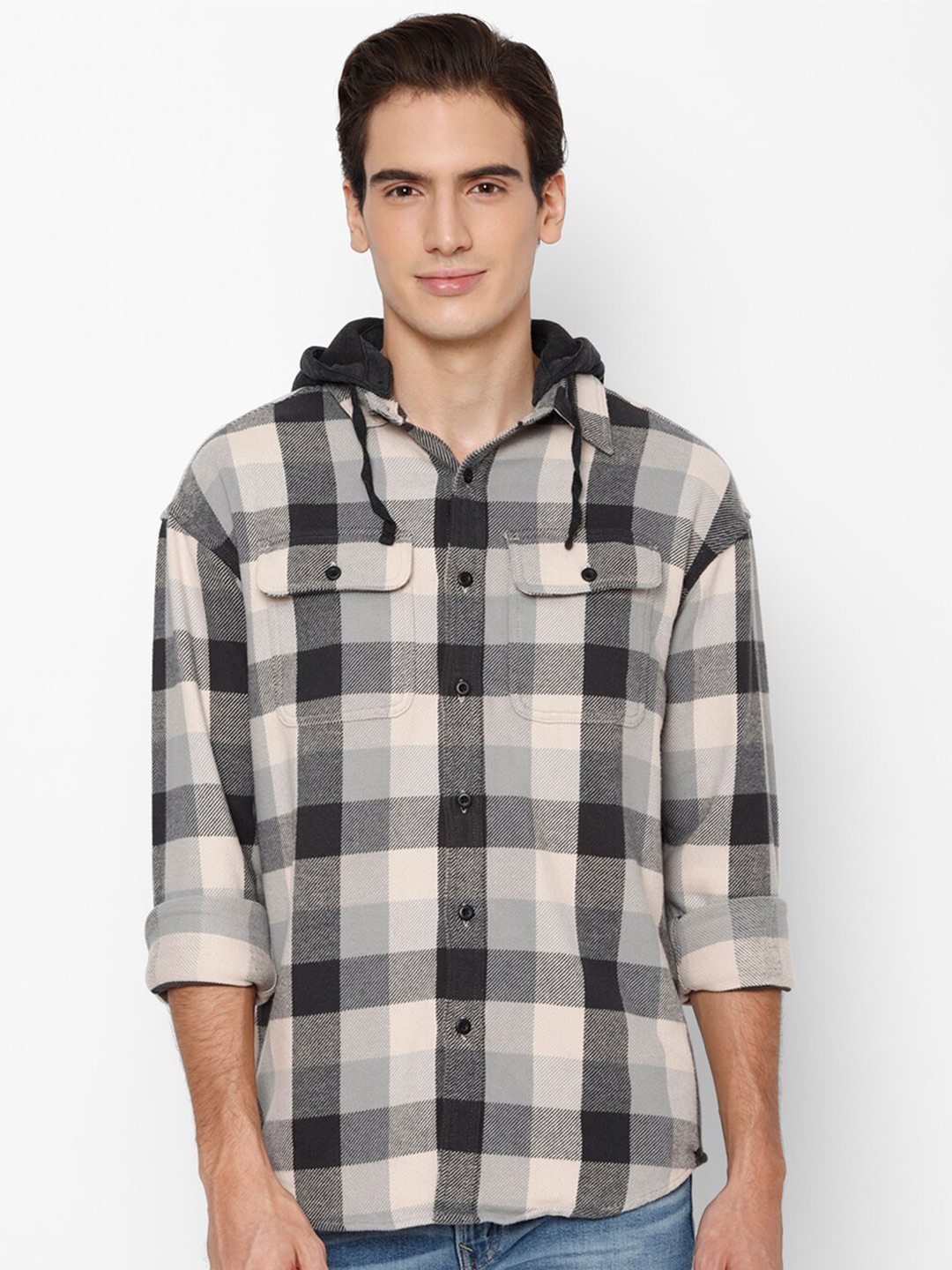 

AMERICAN EAGLE OUTFITTERS Men Checked Cotton Hooded Casual Shirt, Grey