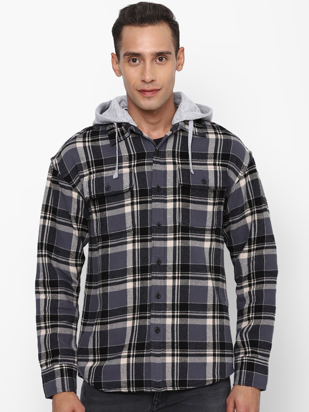 

AMERICAN EAGLE OUTFITTERS Men Checked Cotton Hooded Casual Shirt, Blue