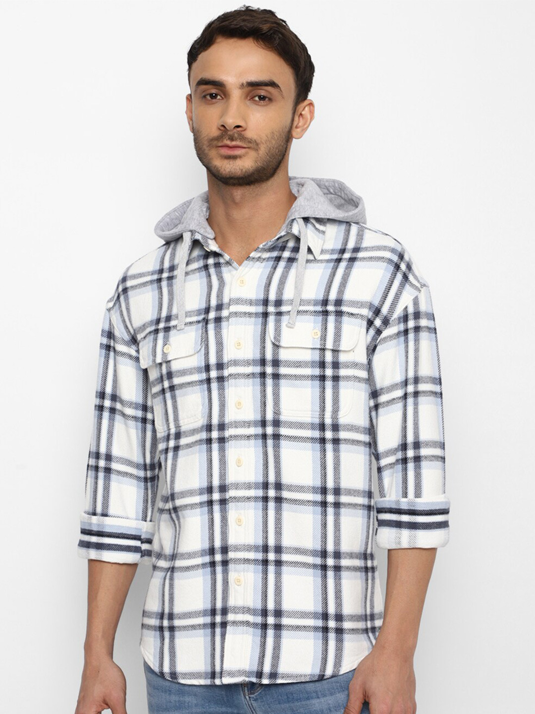 

AMERICAN EAGLE OUTFITTERS Men Checked Cotton Hooded Casual Shirt, White
