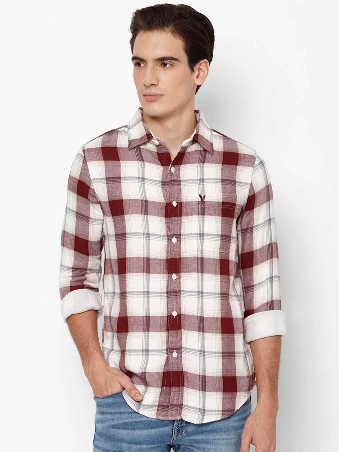 

AMERICAN EAGLE OUTFITTERS Men Slim Fit Checked Pure Cotton Casual Shirt, Maroon