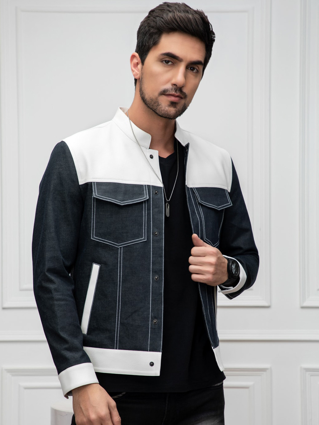 

Justanned Men Colourblocked Lightweight Biker Jacket, Navy blue