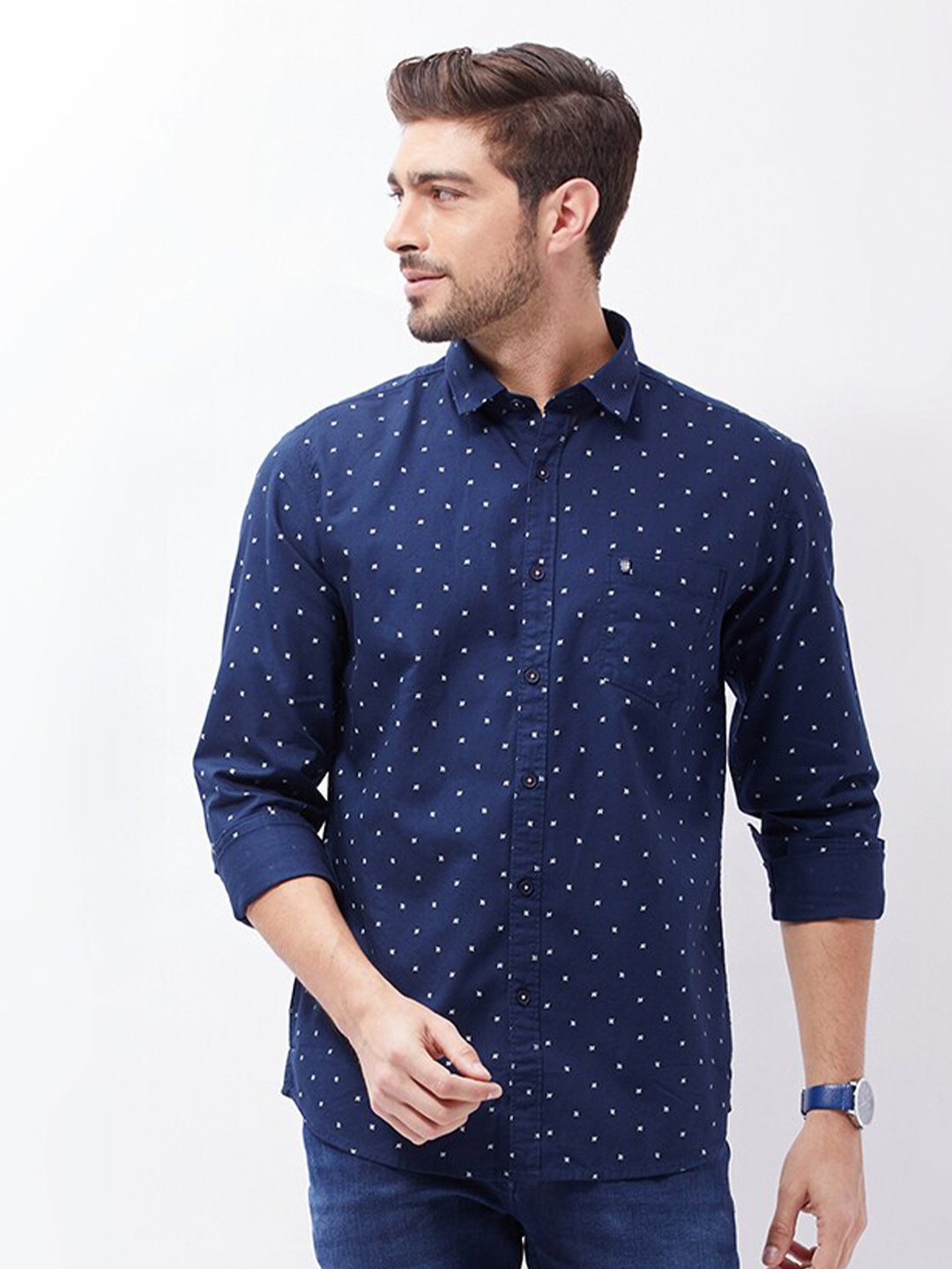 

Oxemberg Men Classic Slim Fit Printed Cotton Casual Shirt, Navy blue