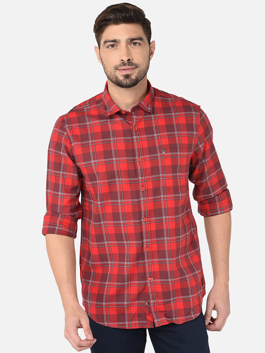

Oxemberg Men Classic Slim Fit Tartan Checked Casual Shirt, Red