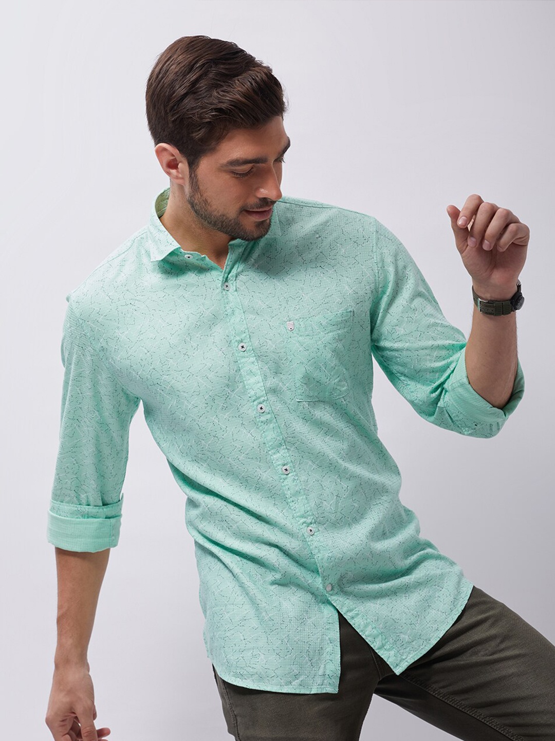 

Oxemberg Men Classic Slim Fit Printed Cotton Casual Shirt, Green