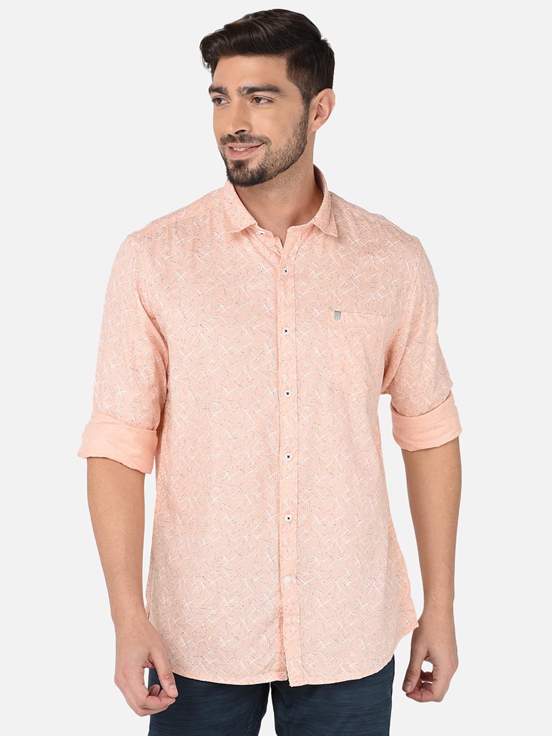 

Oxemberg Men Classic Slim Fit Printed Cotton Casual Shirt, Peach