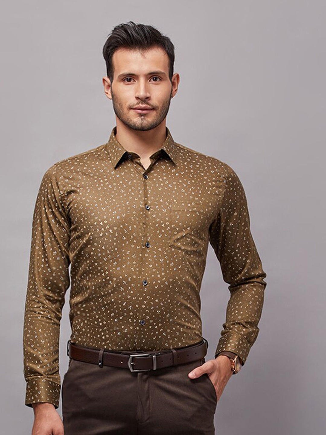 

Oxemberg Men Classic Slim Fit Printed Cotton Formal Shirt, Olive