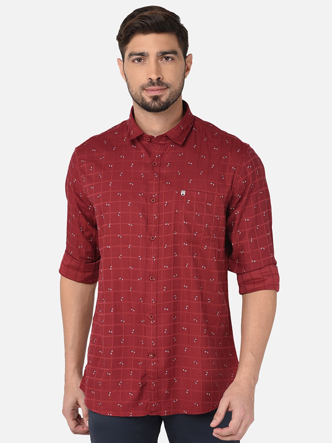 

Oxemberg Men Classic Slim Fit Printed Cotton Casual Shirt, Maroon