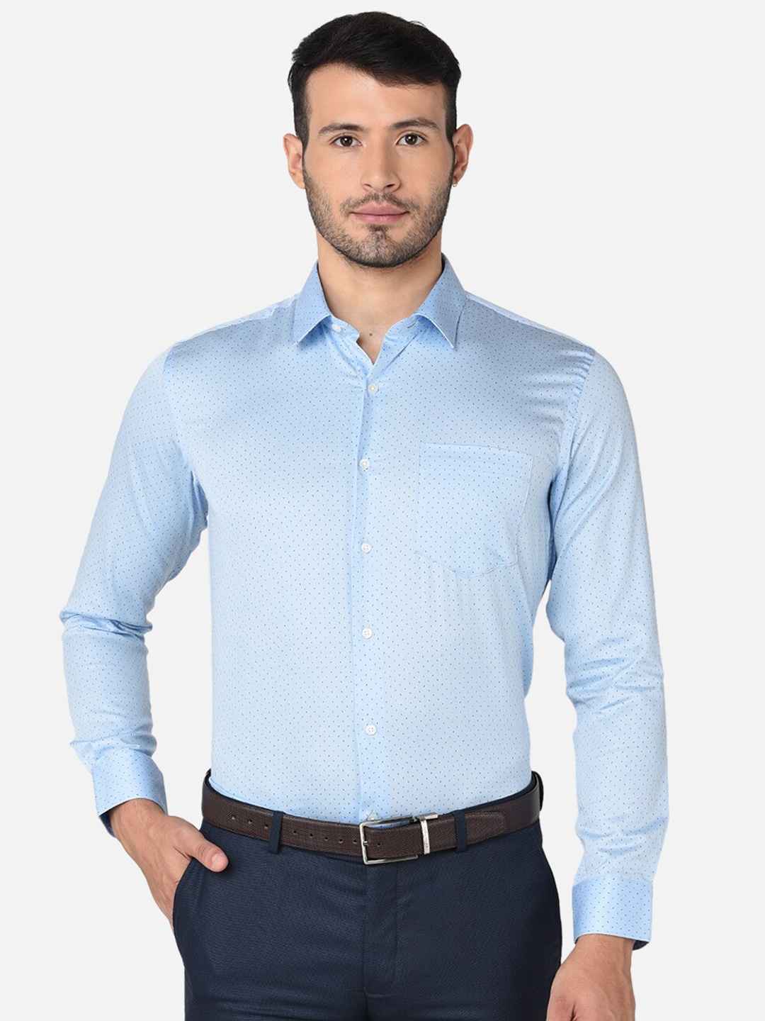 

Oxemberg Men Classic Slim Fit Printed Cotton Formal Shirt, Blue