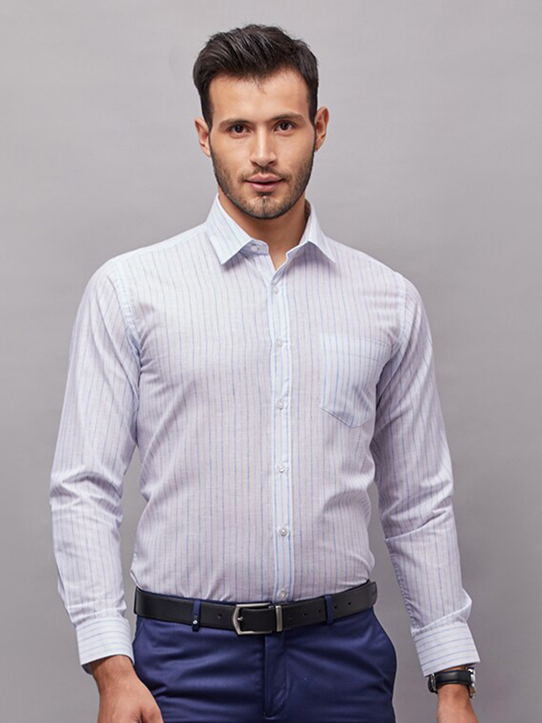 

Oxemberg Men Classic Slim Fit Striped Formal Shirt, White