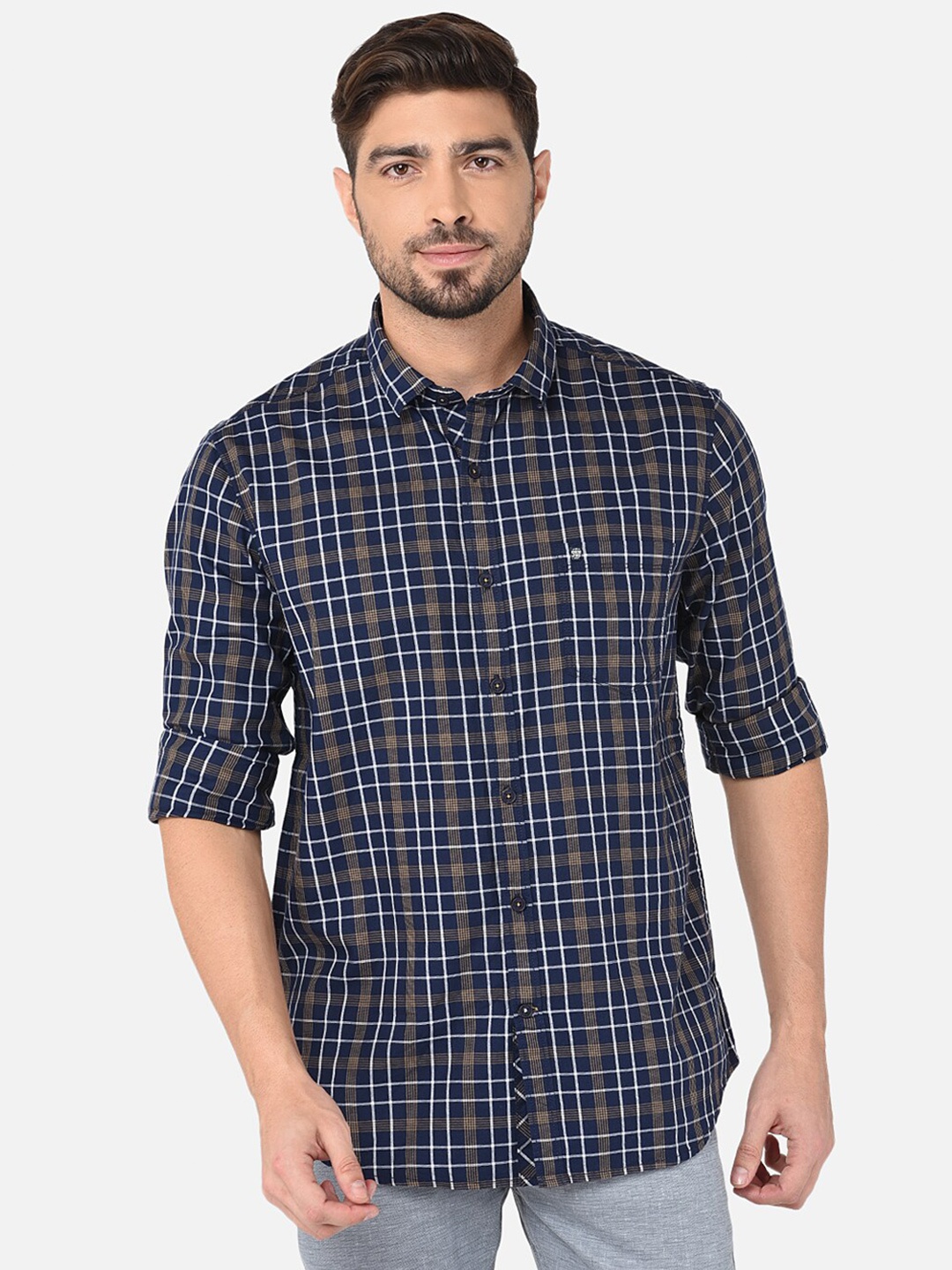 

Oxemberg Men Classic Slim Fit Checked Cotton Casual Shirt, Navy blue
