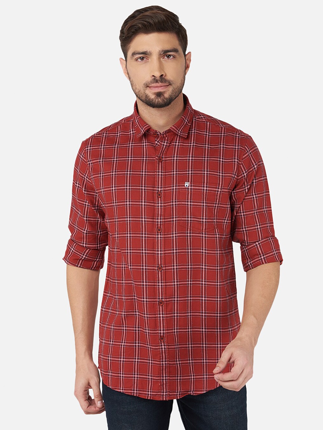

Oxemberg Men Classic Slim Fit Checked Cotton Casual Shirt, Rust
