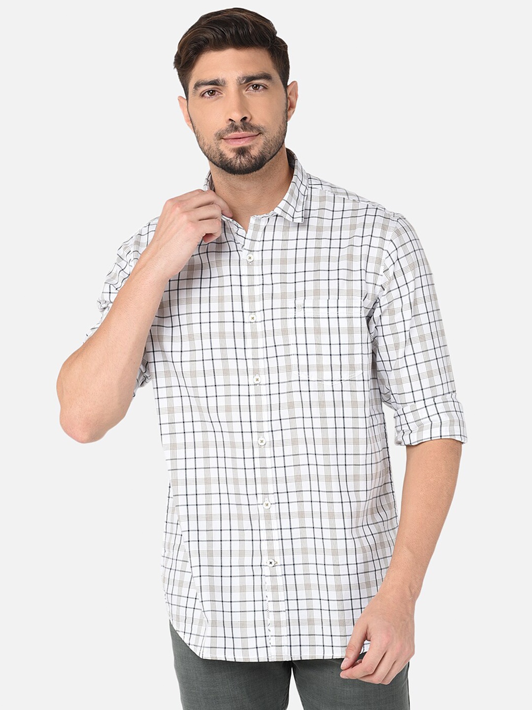 

Oxemberg Men Classic Slim Fit Checked Cotton Casual Shirt, White