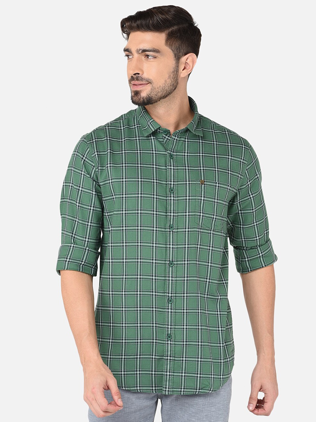 

Oxemberg Men Classic Slim Fit Checked Cotton Casual Shirt, Green
