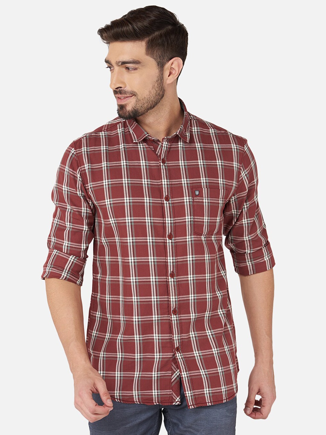 

Oxemberg Men Classic Slim Fit Checked Casual Shirt, Rust