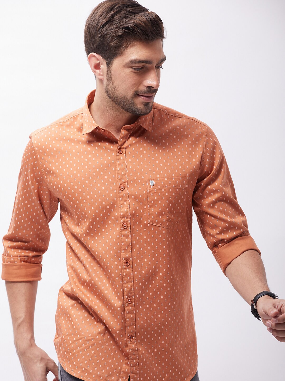 

Oxemberg Men Classic Slim Fit Printed Casual Shirt, Rust