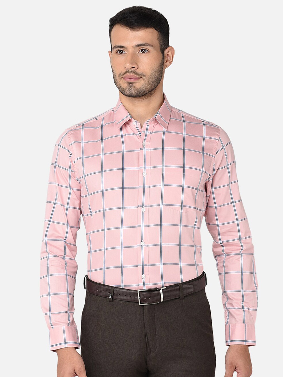 

Oxemberg Men Classic Slim Fit Windowpane Checked Cotton Formal Shirt, Pink