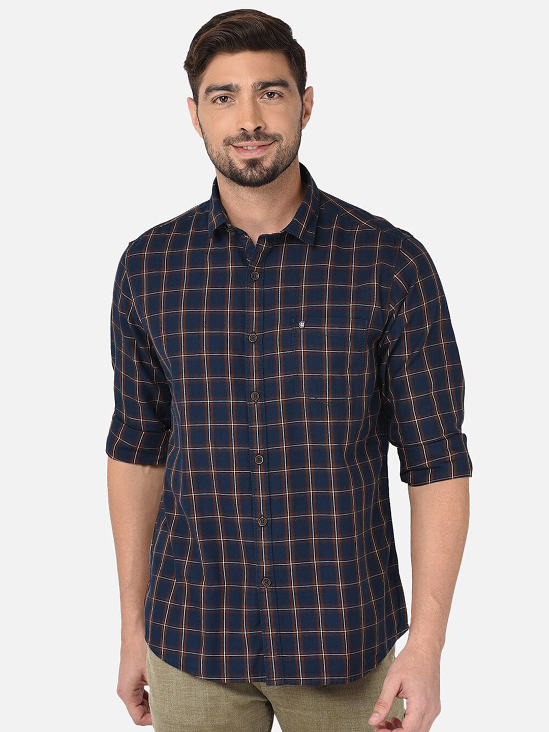 

Oxemberg Men Classic Slim Fit Checked Cotton Casual Shirt, Navy blue