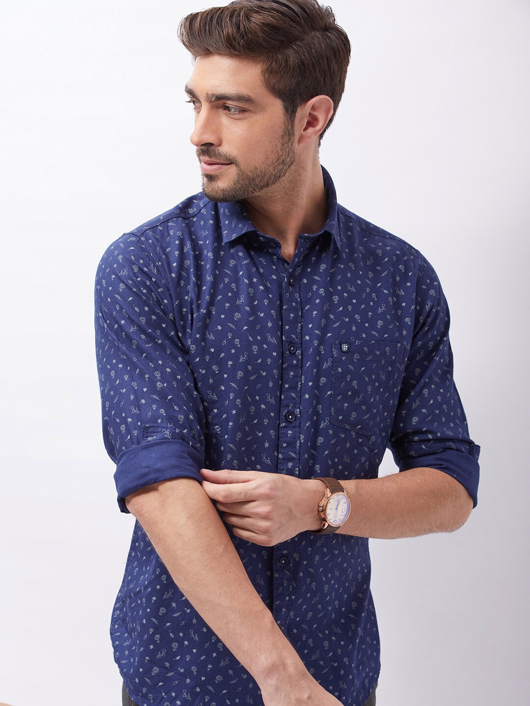 

Oxemberg Men Classic Slim Fit Floral Printed Cotton Casual Shirt, Navy blue