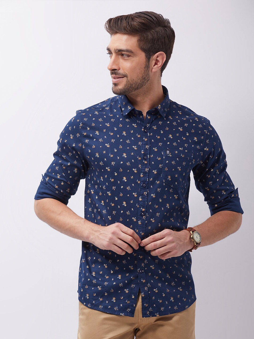 

Oxemberg Men Classic Slim Fit Floral Printed Cotton Casual Shirt, Navy blue