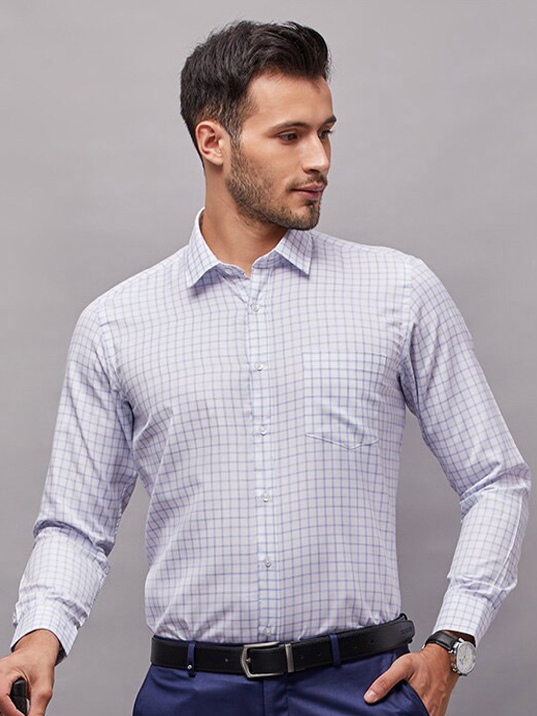 

Oxemberg Men Classic Slim Fit Checked Formal Shirt, White