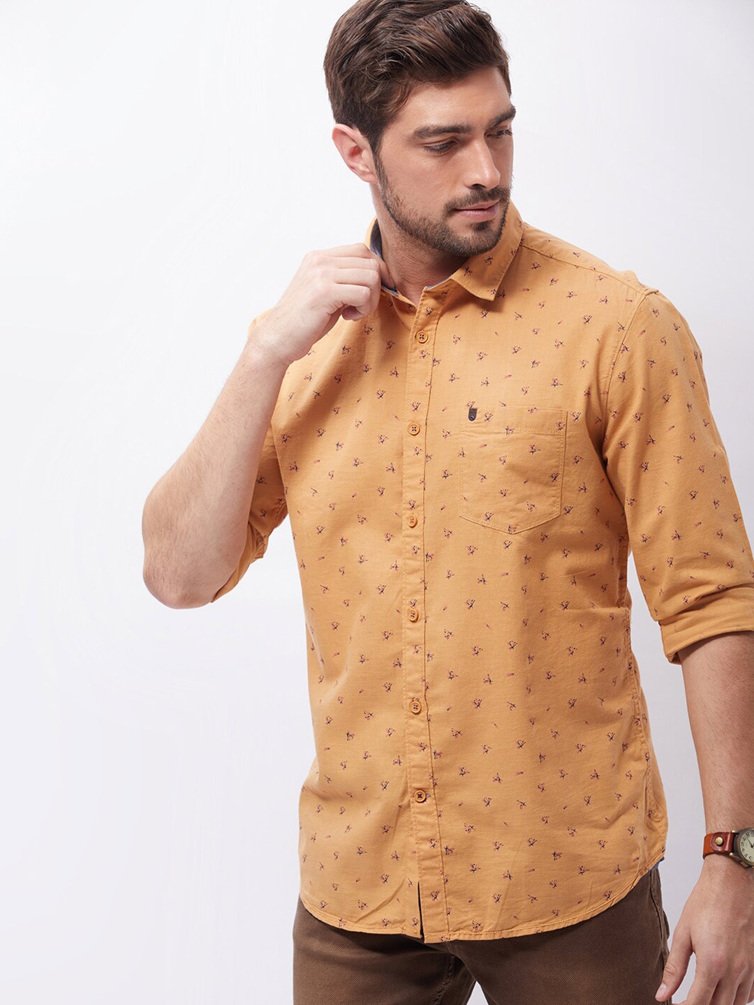 

Oxemberg Men Classic Slim Fit Floral Printed Cotton Casual Shirt, Mustard