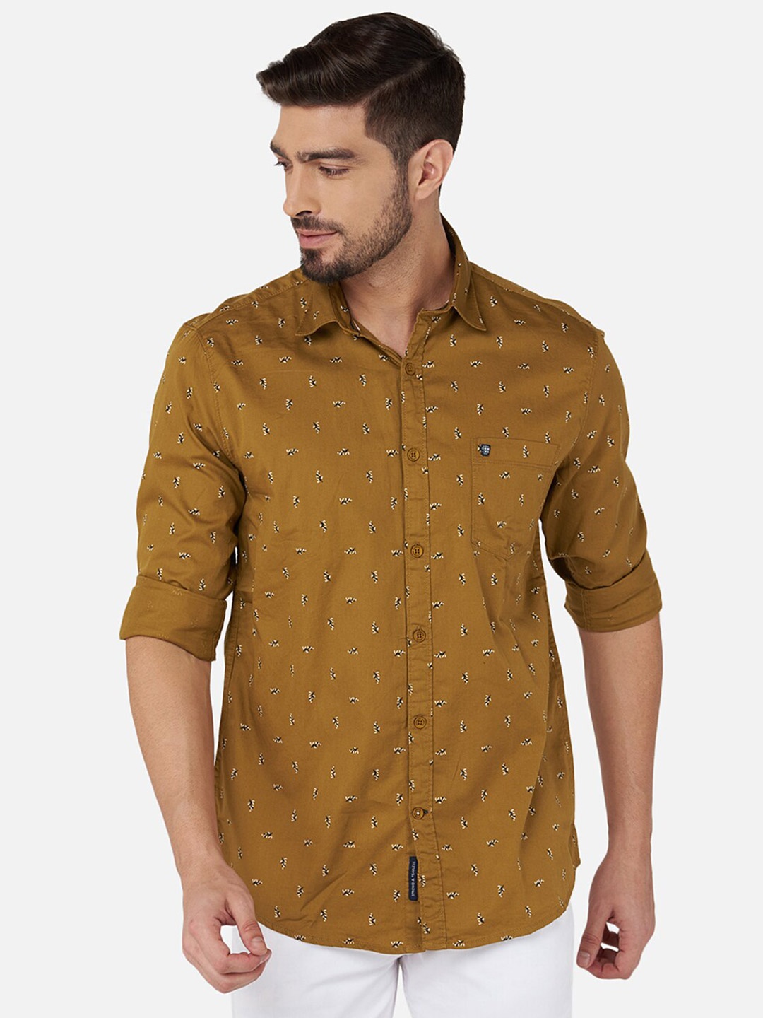 

Oxemberg Men Floral Printed Cotton Slim Fit Casual Shirt, Khaki